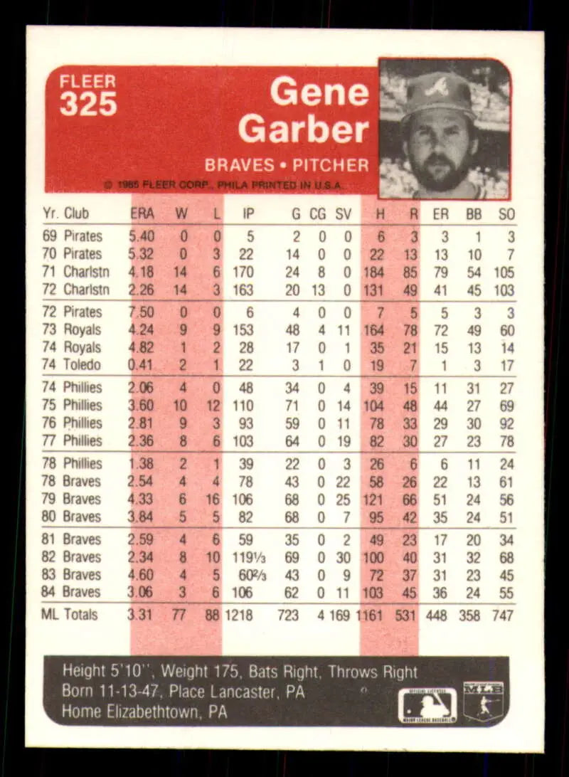 1985 Fleer #325 Gene Garber EX Excellent Atlanta Braves Baseball Card - Baseball Card Single