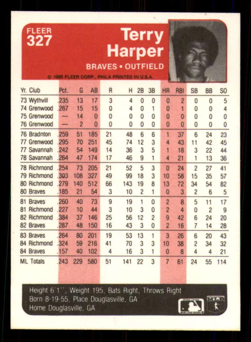 1985 Fleer #327 Terry Harper EX Excellent Atlanta Braves Baseball Card - Baseball Card Single