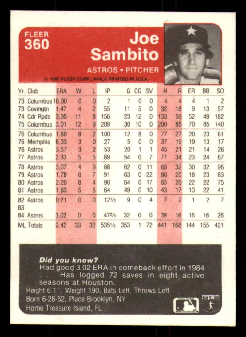 1985 Fleer #360 Joe Sambito EX Excellent Houston Astros Baseball Card - Baseball Card Single