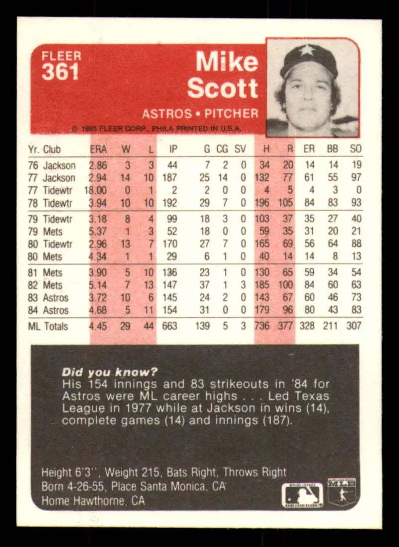 1985 Fleer #361 Mike Scott EX Excellent Houston Astros Baseball Card - Baseball Card Single