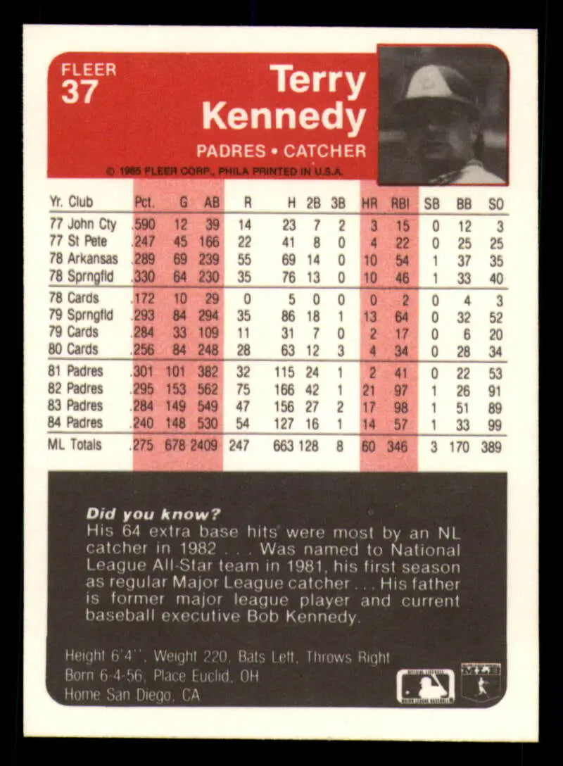 1985 Fleer #37 Terry Kennedy EX Excellent San Diego Padres Baseball Card - Baseball Card Single