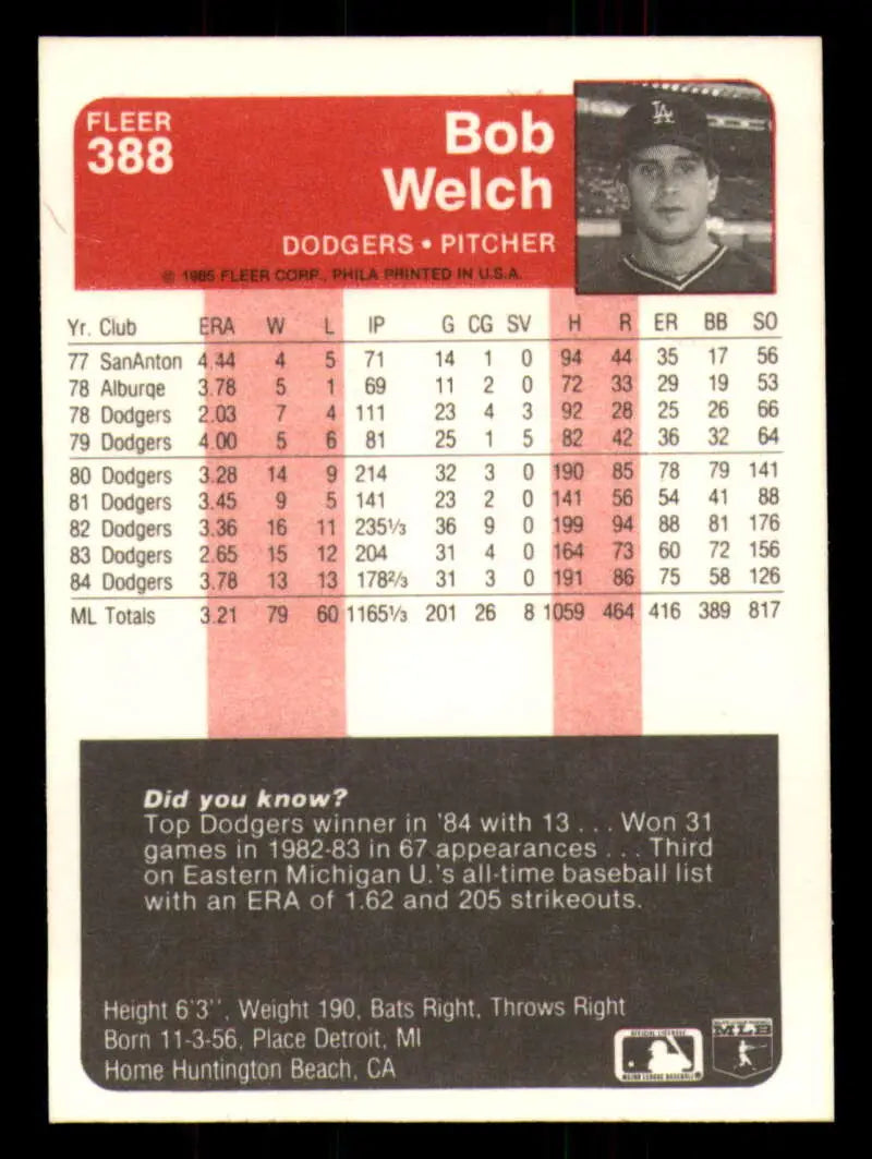 1985 Fleer #388 Bob Welch EX Excellent Los Angeles Dodgers Baseball Card - Baseball Card Single