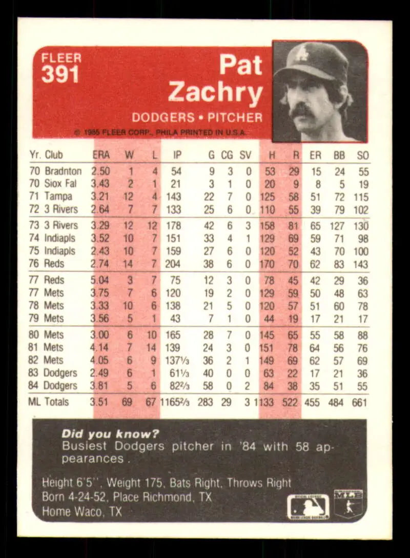 1985 Fleer #391 Pat Zachry EX Excellent Los Angeles Dodgers Baseball Card - Baseball Card Single