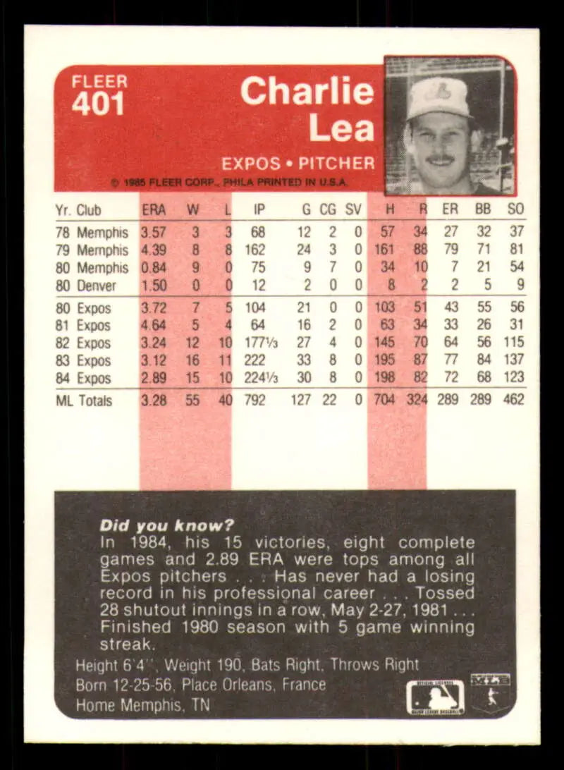 1985 Fleer #401 Charlie Lea EX Excellent Montreal Expos Baseball Card - Baseball Card Single