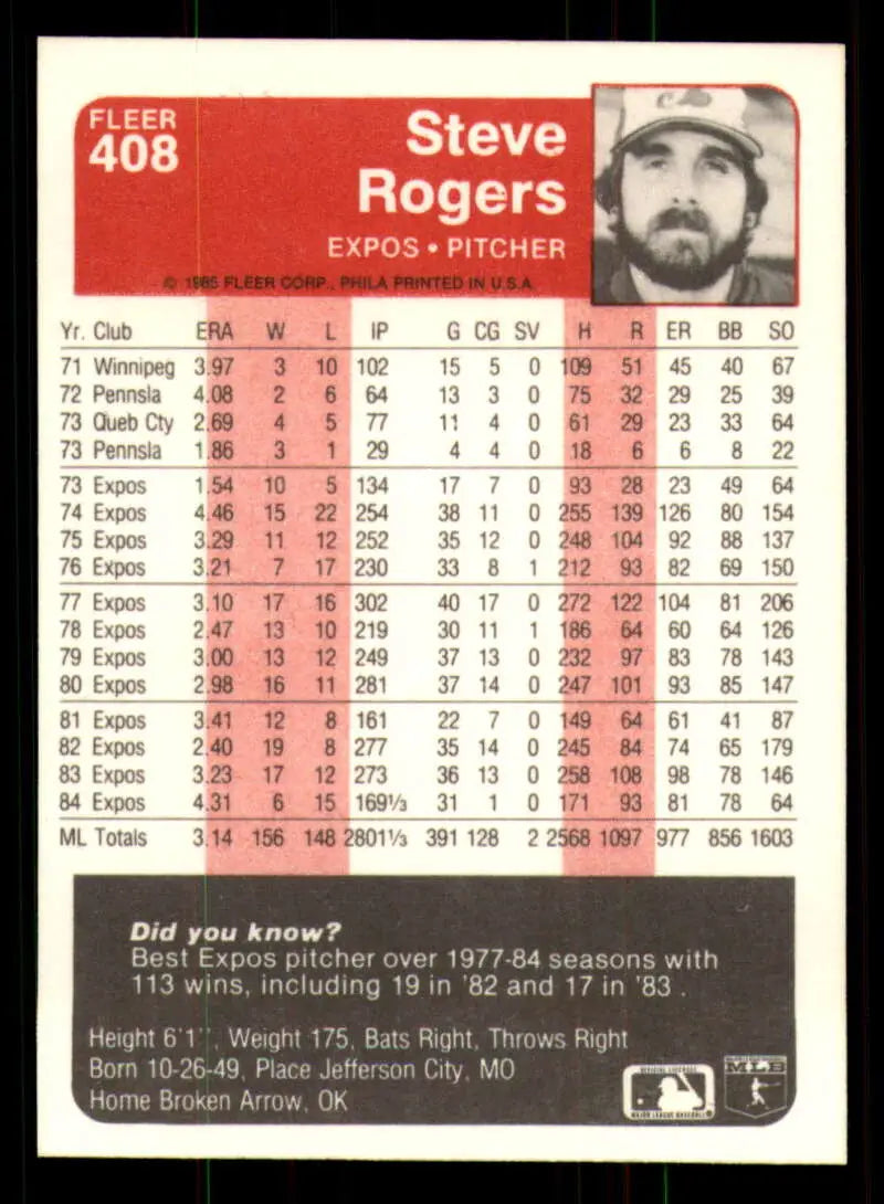 1985 Fleer #408 Steve Rogers EX Excellent Montreal Expos Baseball Card - Baseball Card Single