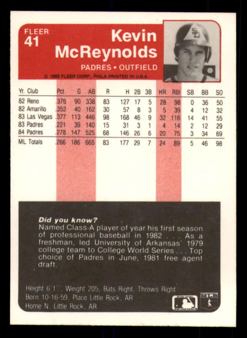 1985 Fleer #41 Kevin McReynolds EX Excellent San Diego Padres Baseball Card - Baseball Card Single
