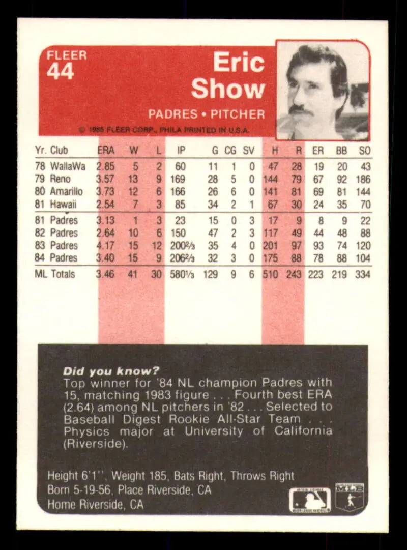 1985 Fleer #44 Eric Show EX Excellent San Diego Padres Baseball Card - Baseball Card Single