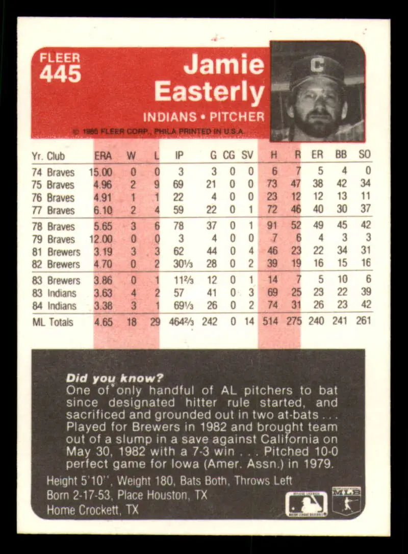 1985 Fleer #445 Jamie Easterly EX Excellent Cleveland Indians Baseball Card - Baseball Card Single