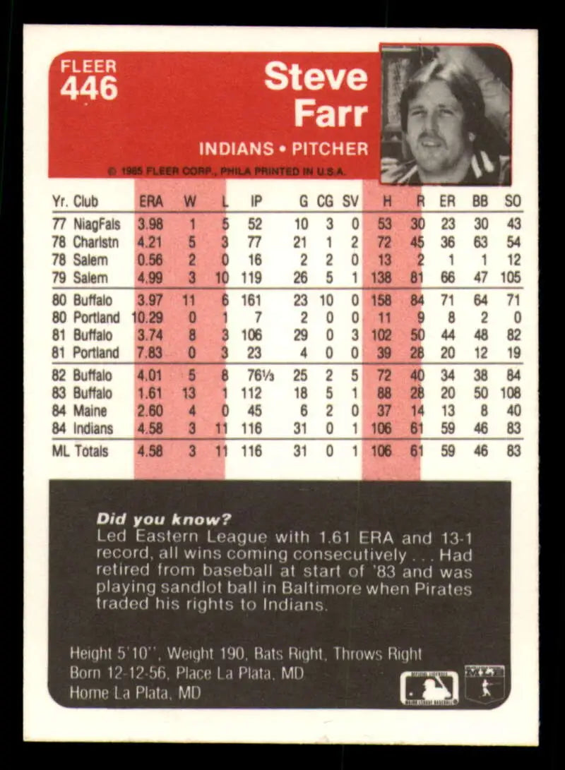 1985 Fleer #446 Steve Farr EX Excellent RC Rookie Cleveland Indians Baseball Card
