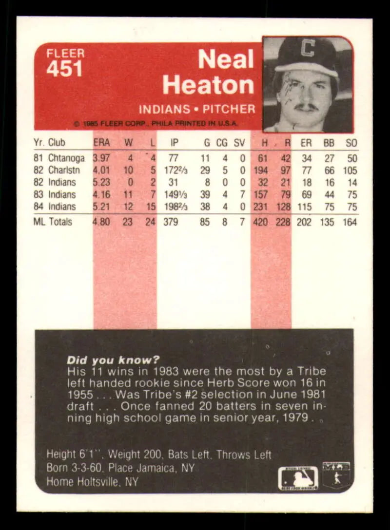 1985 Fleer #451 Neal Heaton EX Excellent Cleveland Indians Baseball Card - Baseball Card Single