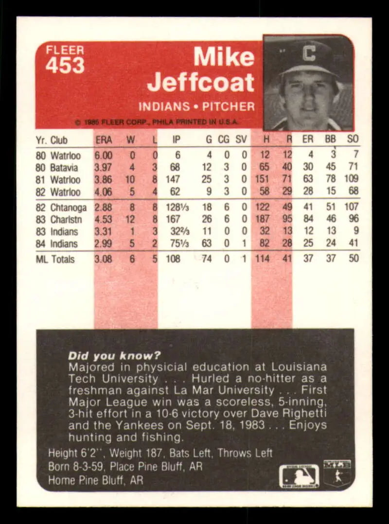 1985 Fleer #453 Mike Jeffcoat EX Excellent Cleveland Indians Baseball Card - Baseball Card Single