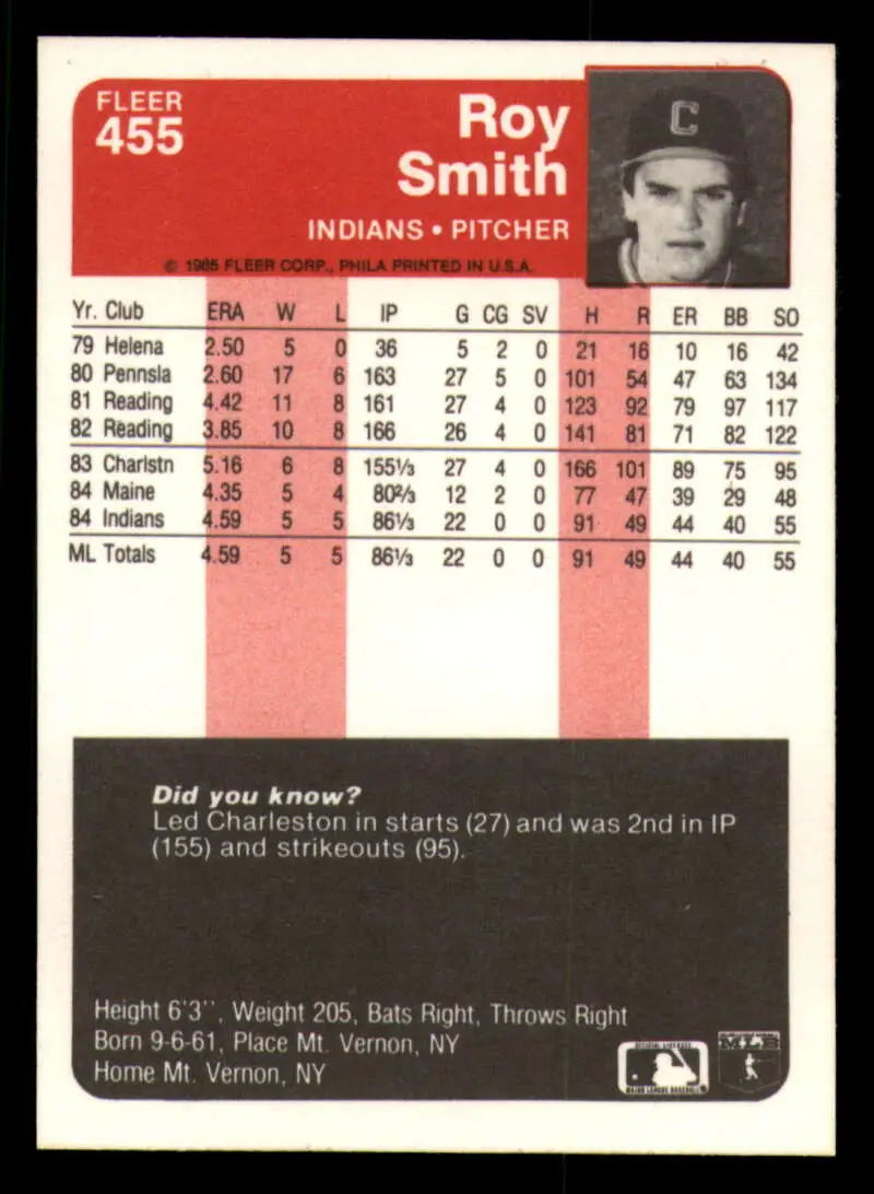 1985 Fleer #455 Roy Smith EX Excellent Cleveland Indians Baseball Card - Baseball Card Single