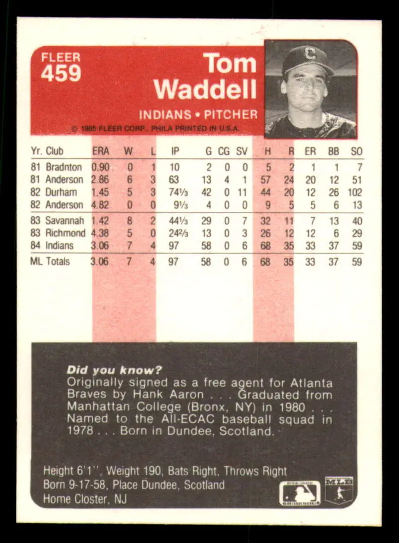 1985 Fleer #459 Tom Waddell EX Excellent Cleveland Indians Baseball Card