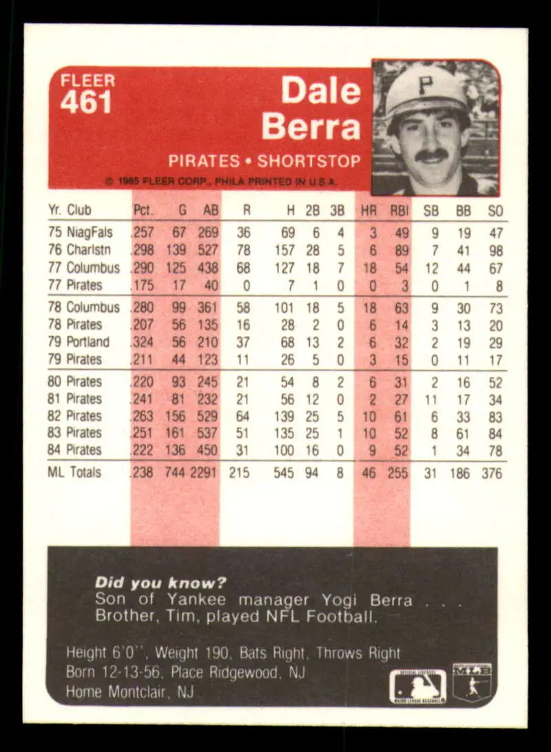 1985 Fleer #461 Dale Berra EX Excellent Pittsburgh Pirates Baseball Card - Baseball Card Single