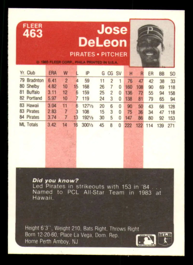 1985 Fleer #463 Jose DeLeon EX Excellent Pittsburgh Pirates Baseball Card - Baseball Card Single