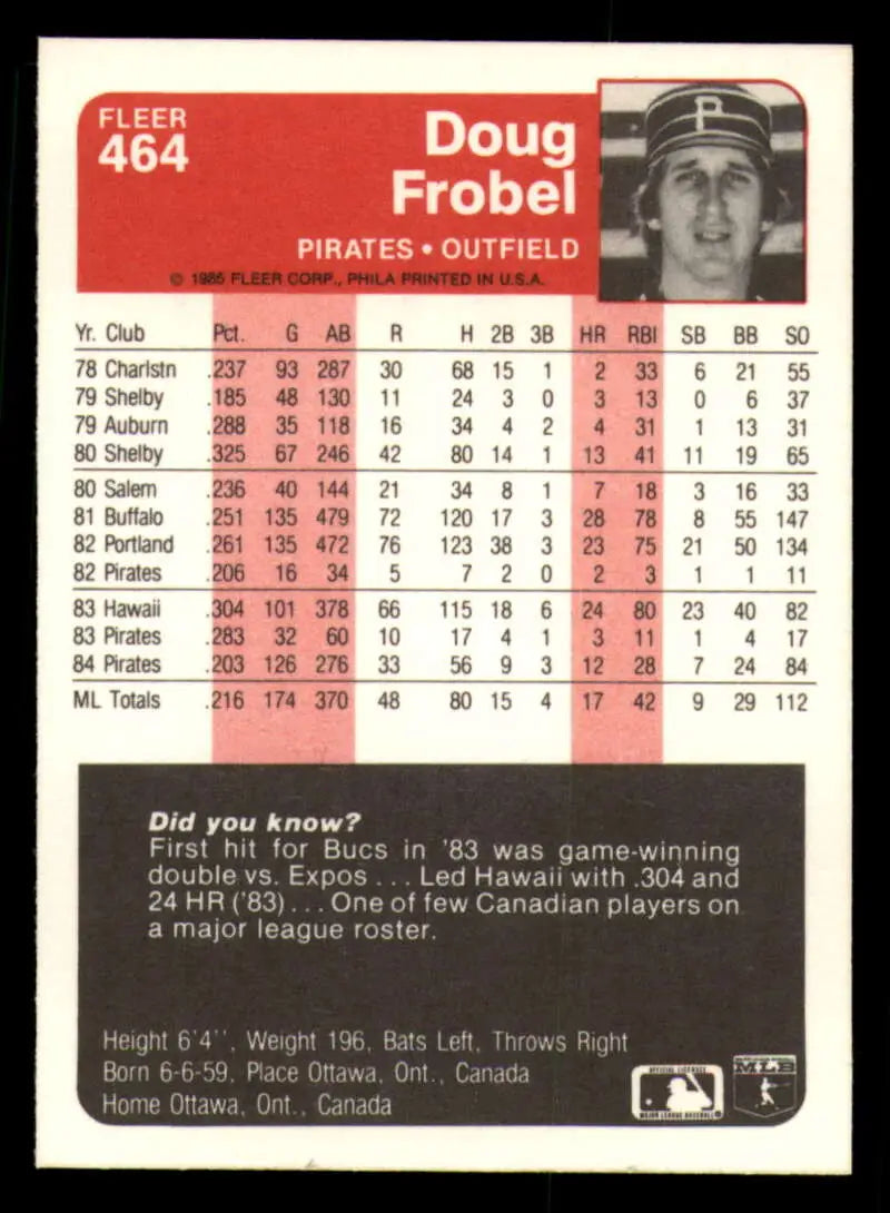 1985 Fleer #464 Doug Frobel EX Excellent Pittsburgh Pirates Baseball Card - Baseball Card Single