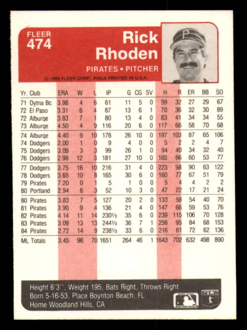 1985 Fleer #474 Rick Rhoden EX Excellent Pittsburgh Pirates Baseball Card - Baseball Card Single