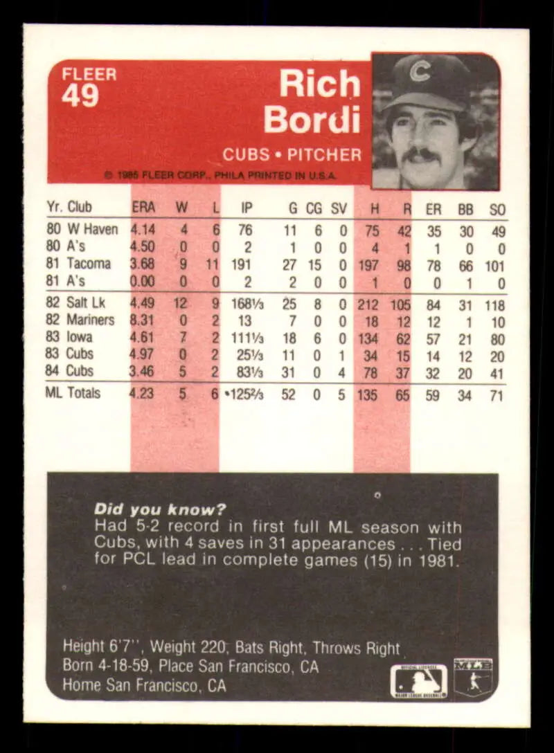 1985 Fleer #49 Rich Bordi EX Excellent Chicago Cubs Baseball Card - Baseball Card Single