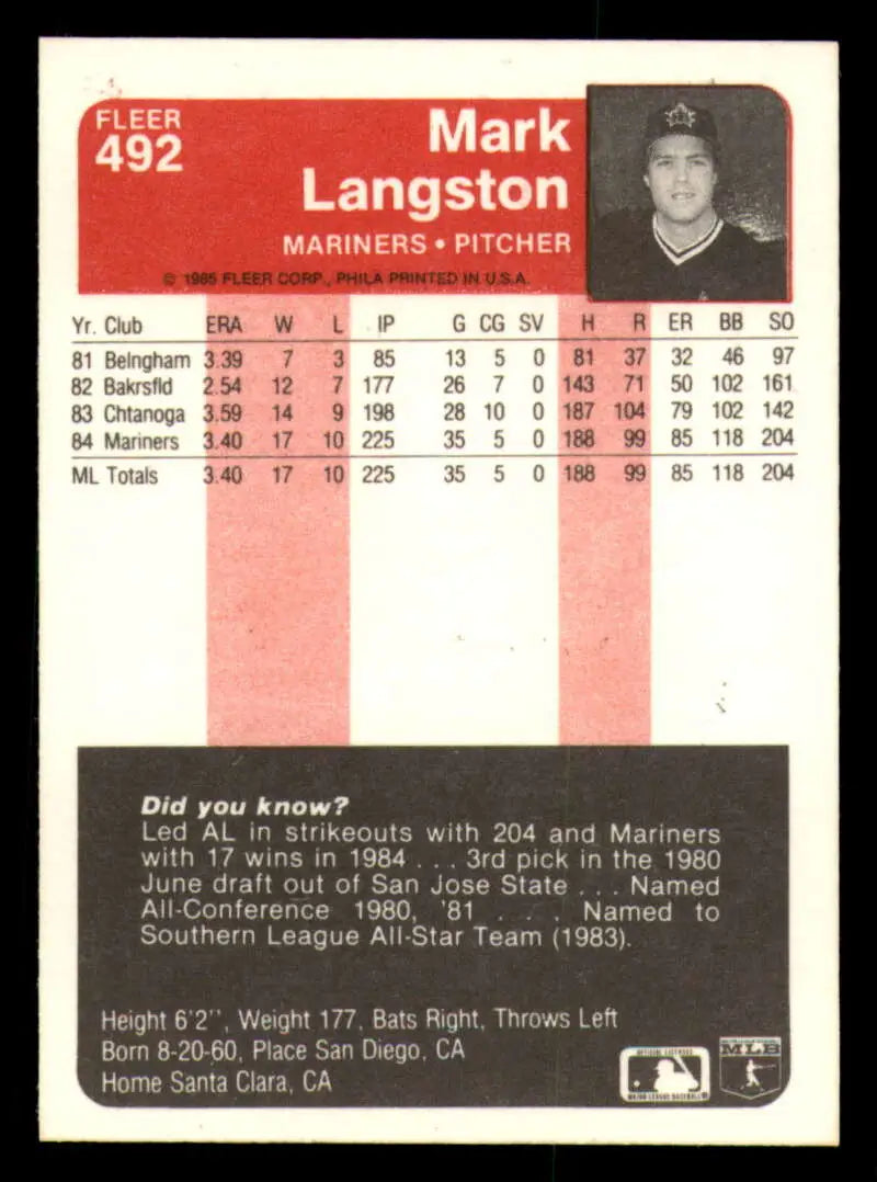 1985 Fleer #492 Mark Langston EX Excellent RC Rookie Seattle Mariners Baseball Card - Baseball Card Single