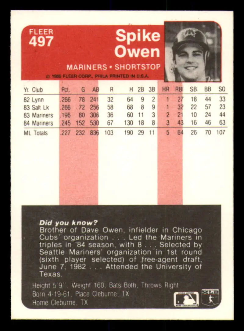 1985 Fleer #497 Spike Owen EX Excellent Seattle Mariners Baseball Card - Baseball Card Single