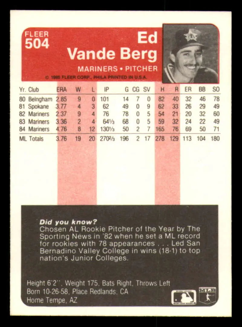 1985 Fleer #504 Ed Vande Berg EX Excellent Seattle Mariners Baseball Card - Baseball Card Single