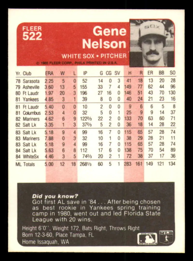 1985 Fleer #522 Gene Nelson EX Excellent Chicago White Sox Baseball Card - Baseball Card Single