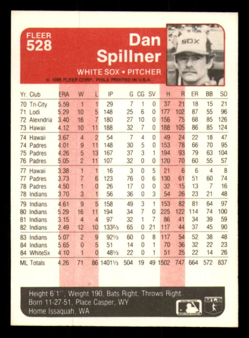 1985 Fleer #528 Dan Spillner EX Excellent Chicago White Sox Baseball Card - Baseball Card Single