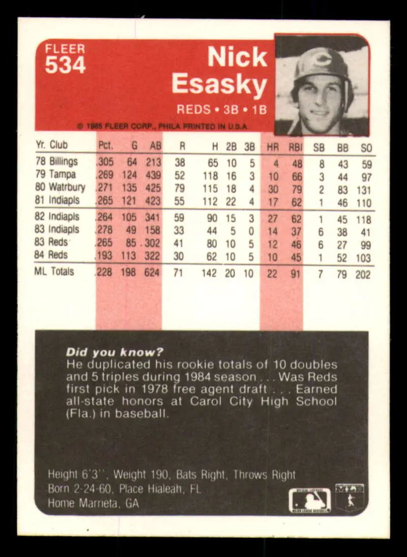 1985 Fleer #534 Nick Esasky EX Excellent Cincinnati Reds Baseball Card - Baseball Card Single