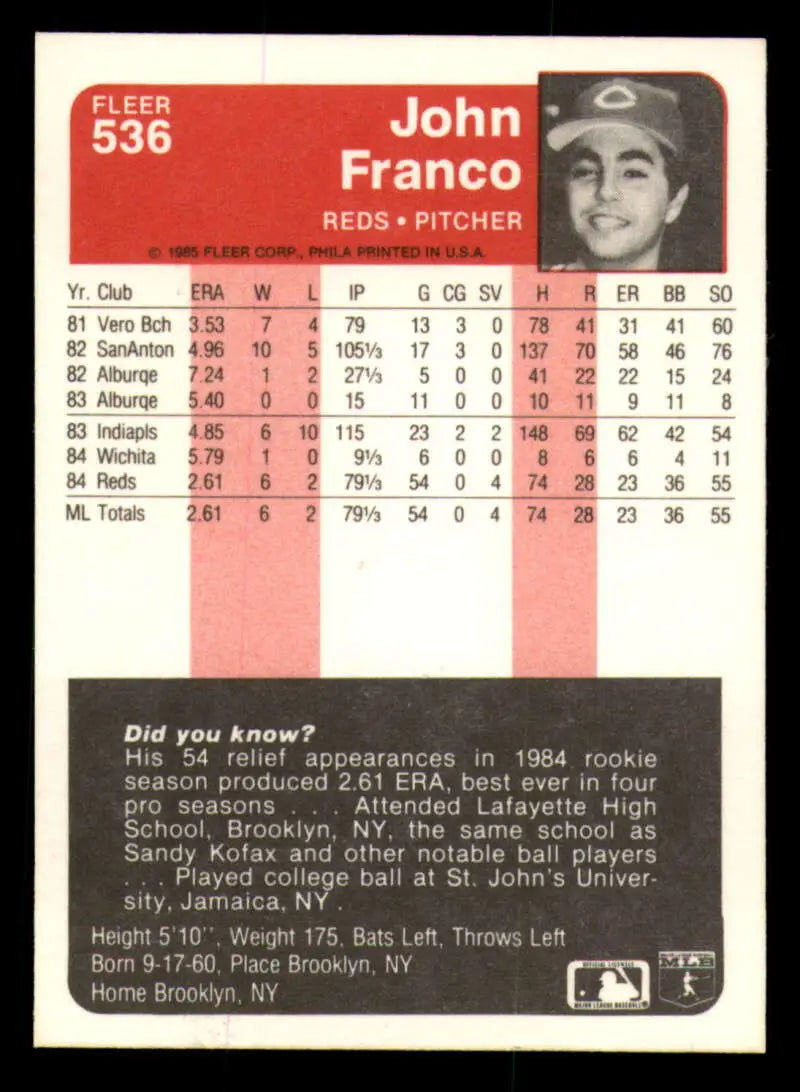 1985 Fleer #536 John Franco EX Excellent RC Rookie Cincinnati Reds Baseball Card