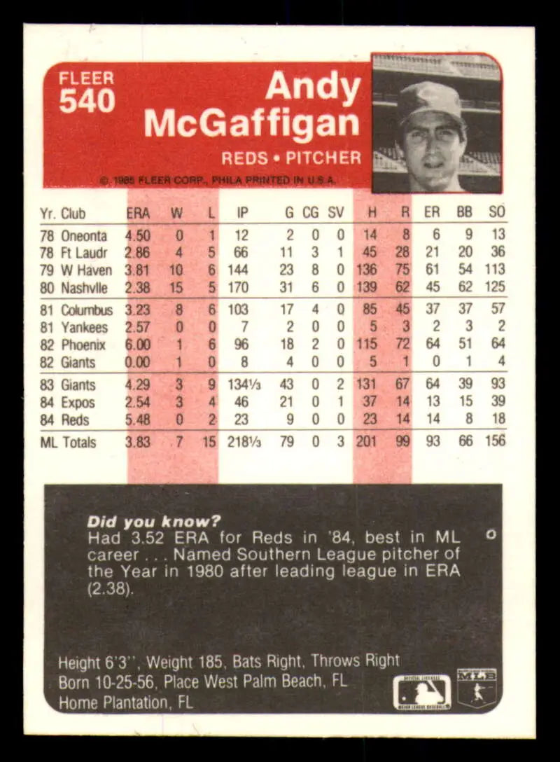 1985 Fleer #540 Andy Mcgaffigan EX Excellent Cincinnati Reds Baseball Card