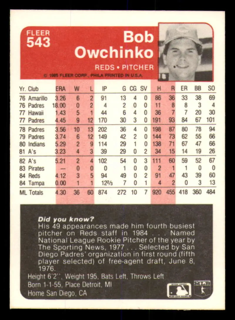 1985 Fleer #543 Bob Owchinko EX Excellent Cincinnati Reds Baseball Card - Baseball Card Single