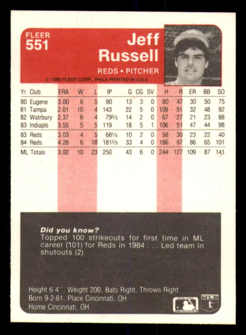 1985 Fleer #551 Jeff Russell EX Excellent Cincinnati Reds Baseball Card - Baseball Card Single