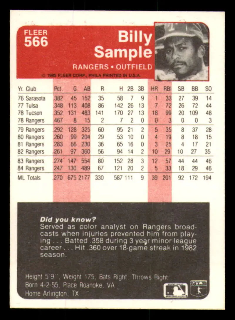 1985 Fleer #566 Billy Sample EX Excellent Texas Rangers Baseball Card - Baseball Card Single