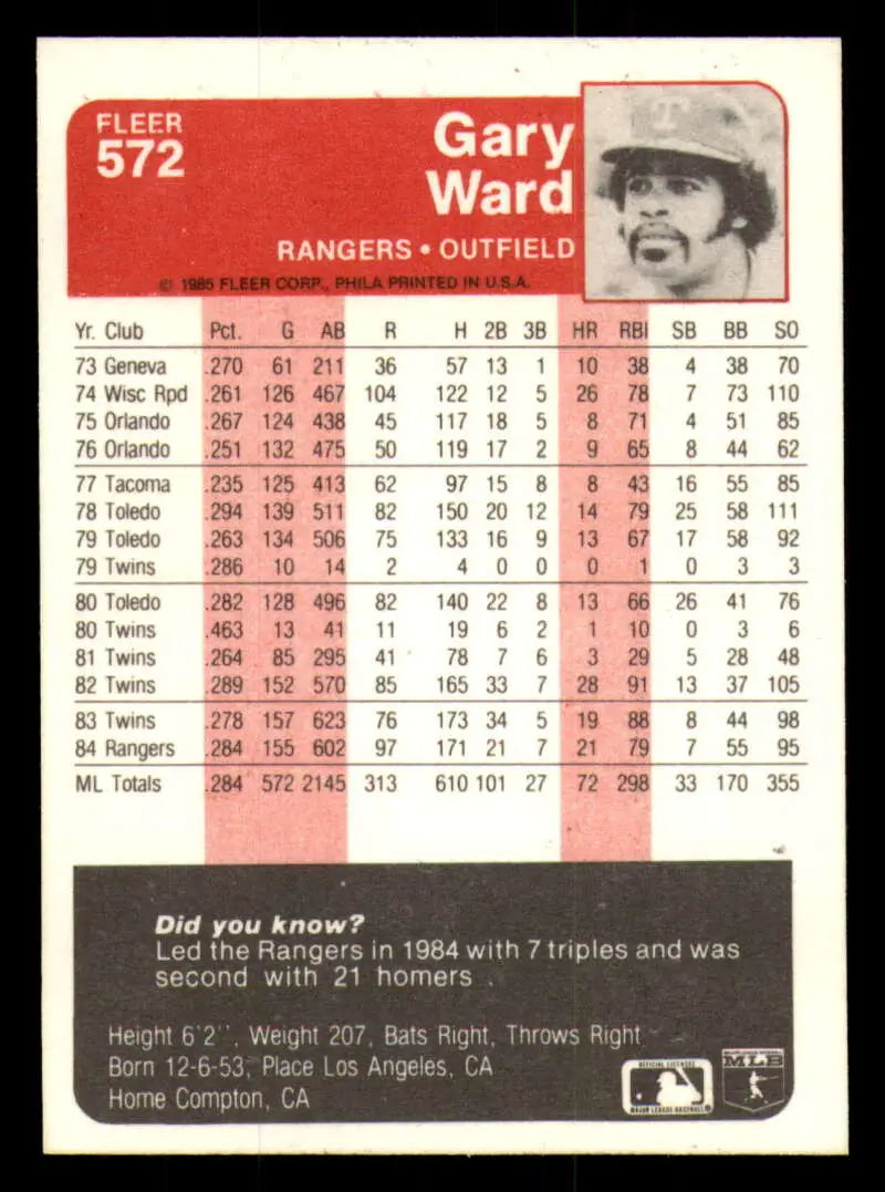 1985 Fleer #572 Gary Ward EX Excellent Texas Rangers Baseball Card - Baseball Card Single
