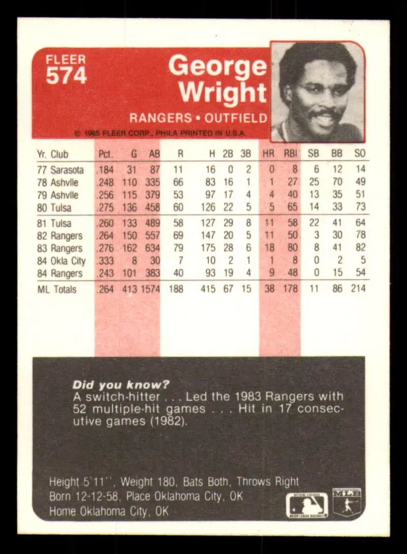 1985 Fleer #574 George Wright EX Excellent Texas Rangers Baseball Card - Baseball Card Single
