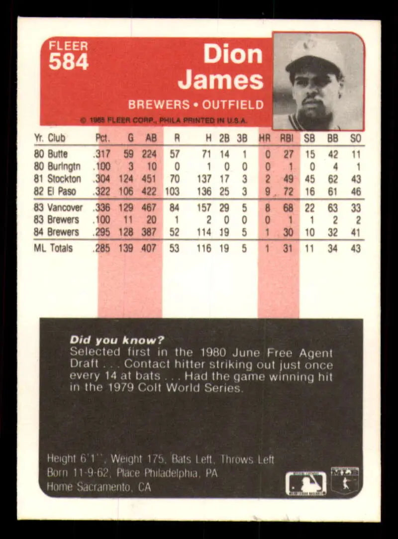 1985 Fleer #584 Dion James EX Excellent Milwaukee Brewers Baseball Card - Baseball Card Single
