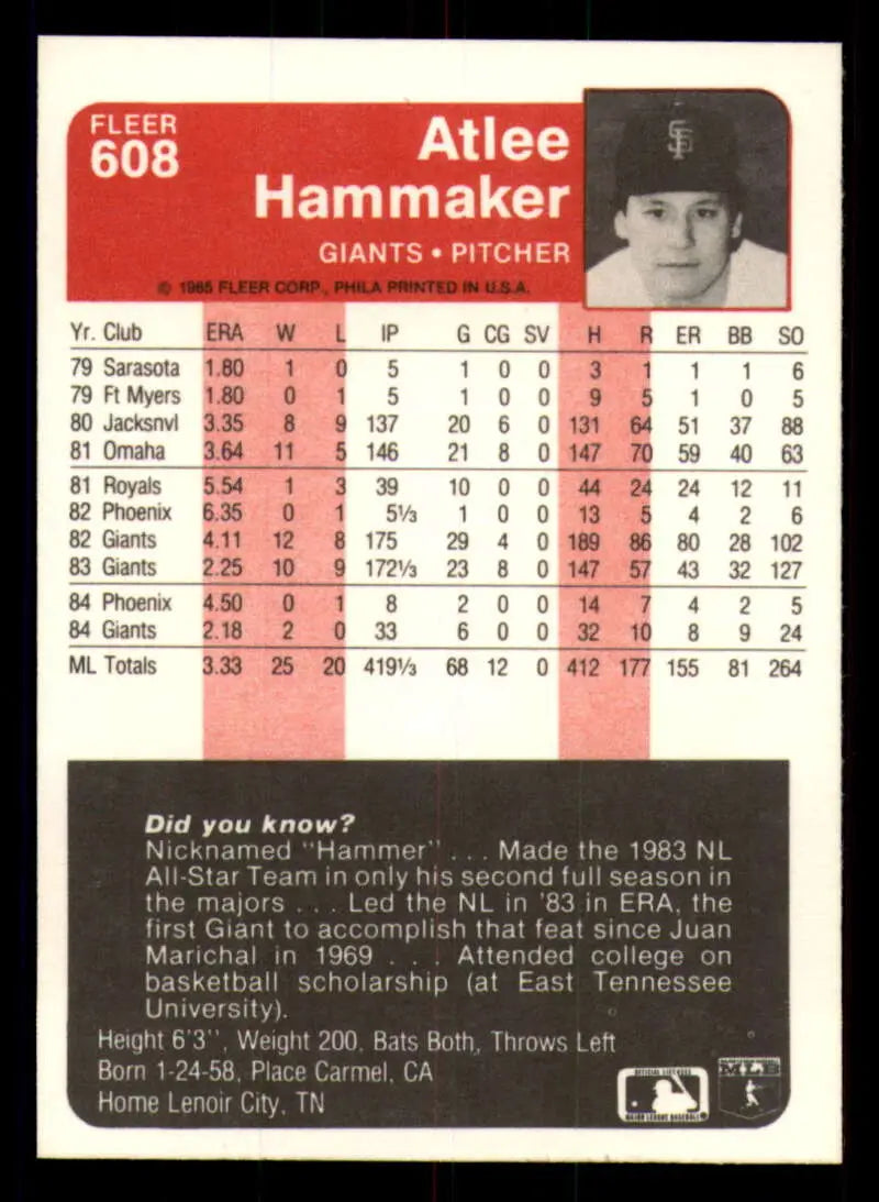 1985 Fleer #608 Atlee Hammaker EX Excellent San Francisco Giants Baseball Card - Baseball Card Single