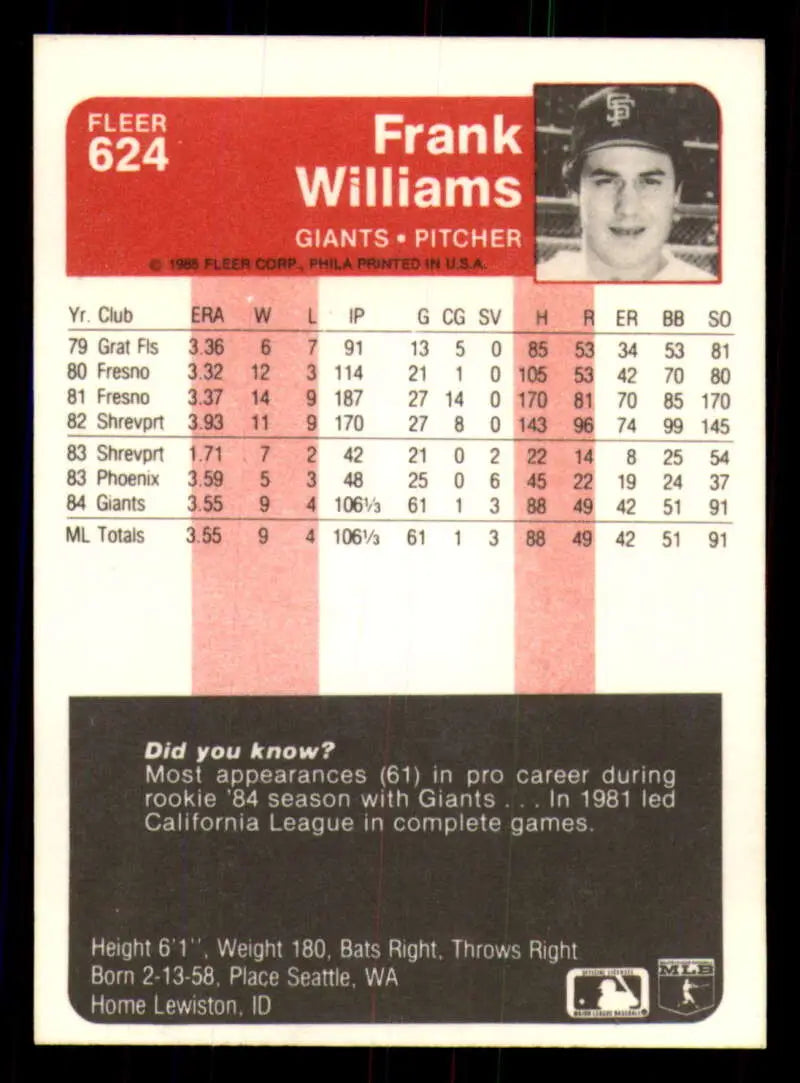1985 Fleer #624 Frank Williams EX Excellent San Francisco Giants Baseball Card - Baseball Card Single
