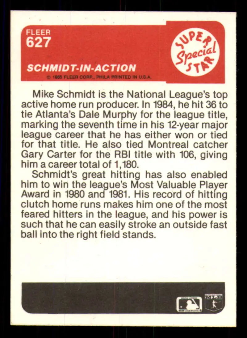 1985 Fleer #627 Mike Schmidt EX Excellent Philadelphia Phillies Baseball Card - Baseball Card Single