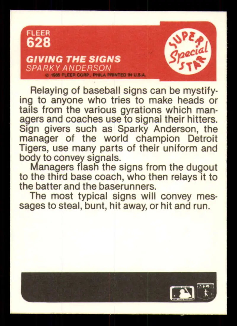 1985 Fleer #628 Sparky Anderson EX Excellent Detroit Tigers Baseball Card - Baseball Card Single