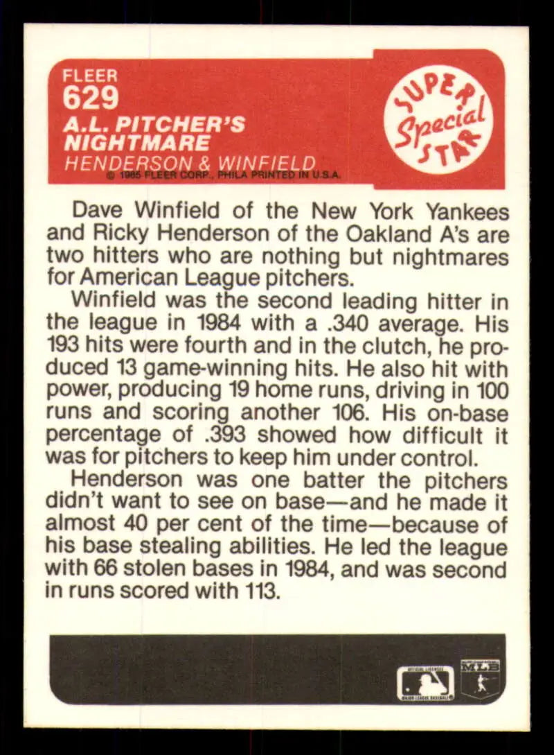 1985 Fleer #629 Rickey Henderson/Dave Winfield EX Excellent Oakland Athletics/New York Yankees Baseball Card - Baseball