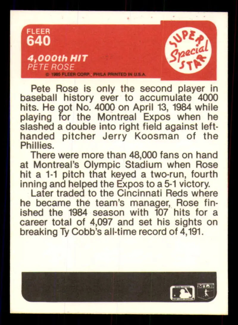 1985 Fleer #640 Pete Rose EX Excellent Montreal Expos Baseball Card - Baseball Card Single
