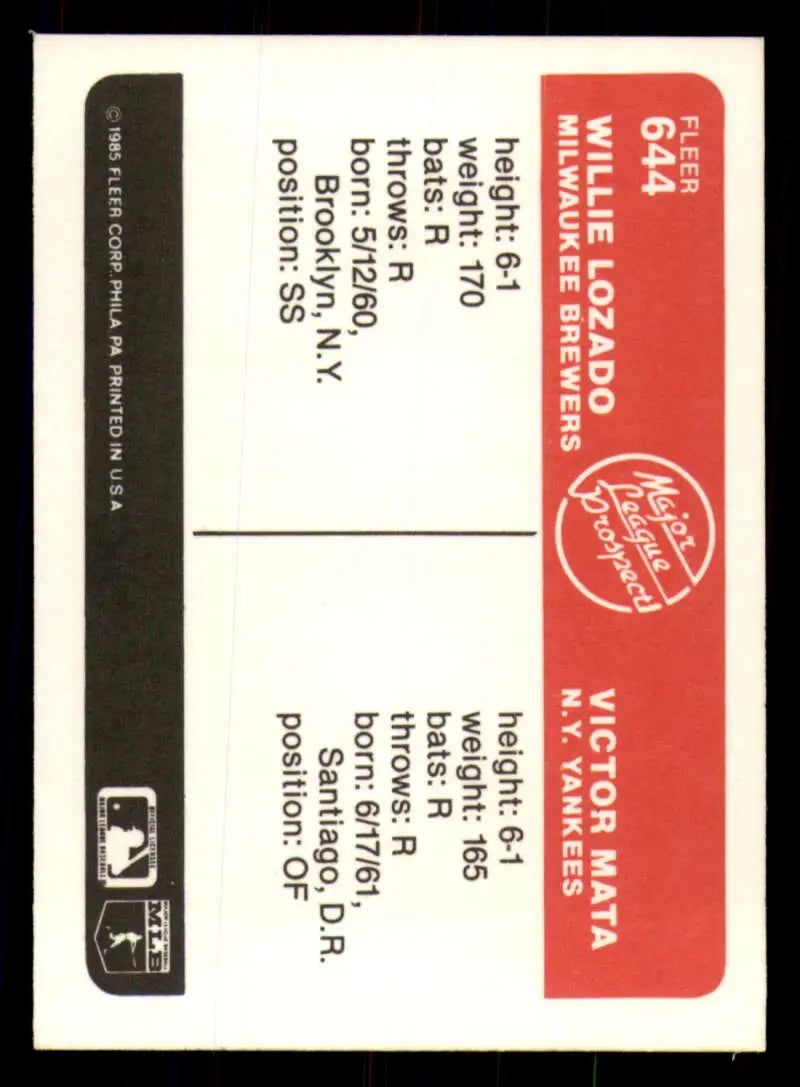 1985 Fleer #644 Willie Lozado/Vic Mata EX Excellent RC Rookie Milwaukee Brewers/New York Yankees Baseball Card