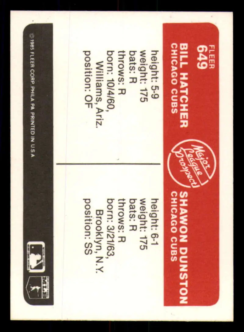 1985 Fleer #649 Billy Hatcher/Shawon Dunston EX Excellent RC Rookie Chicago Cubs Baseball Card - Baseball Card Single
