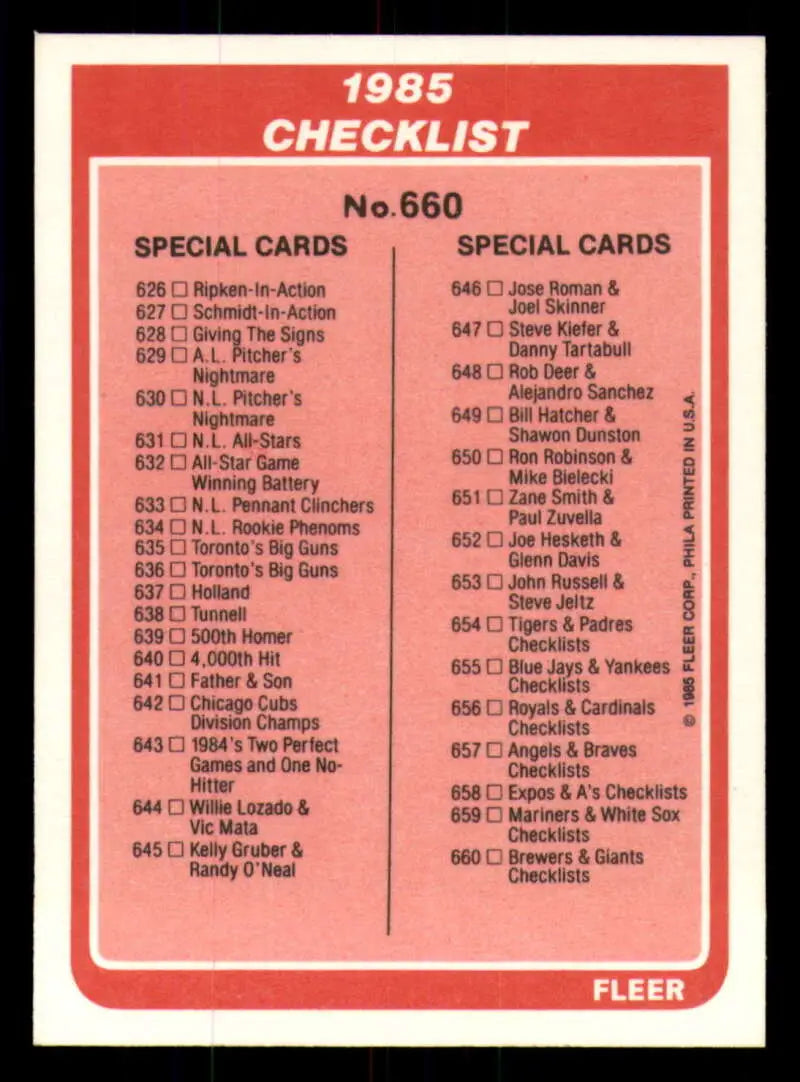 1985 Fleer #660 Checklist 575-660 EX Excellent Milwaukee Brewers/San Francisco Giants/Super Star Specials/Major League