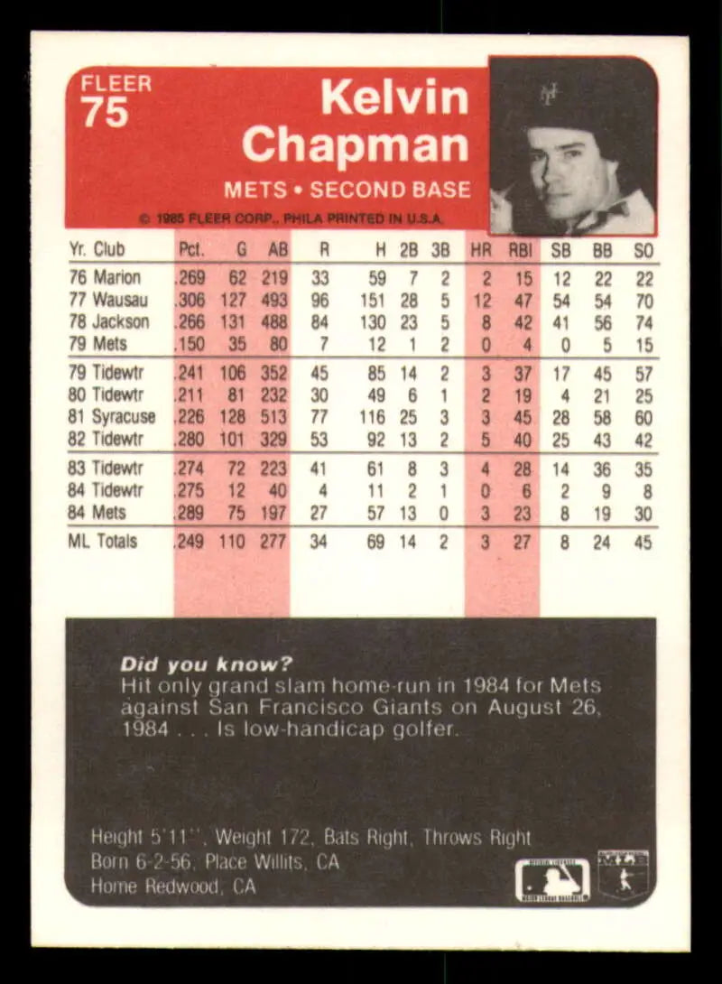 1985 Fleer #75 Kelvin Chapman EX Excellent RC Rookie New York Mets Baseball Card - Baseball Card Single