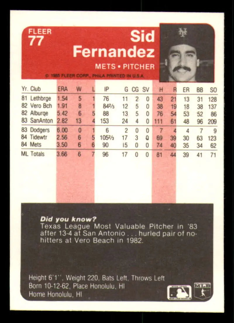1985 Fleer #77 Sid Fernandez EX Excellent New York Mets Baseball Card - Baseball Card Single