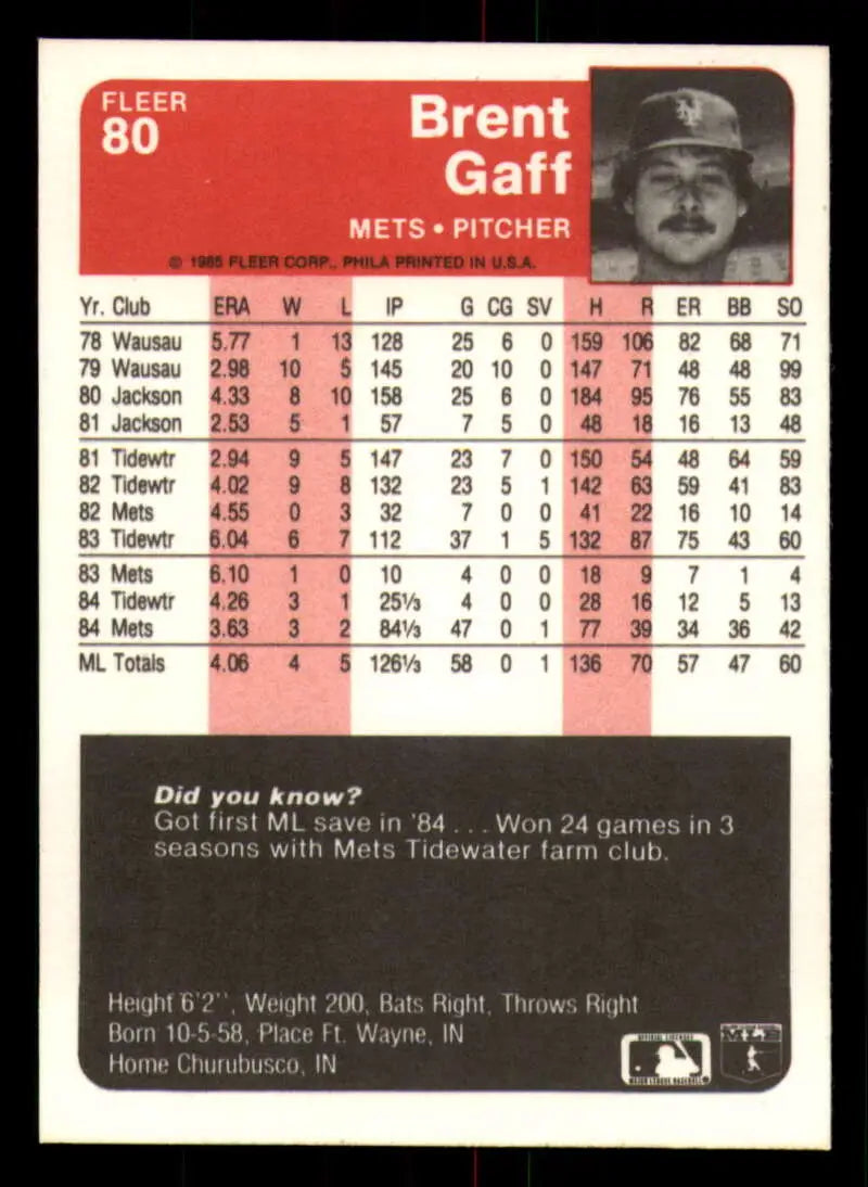 1985 Fleer #80 Brent Gaff EX Excellent New York Mets Baseball Card - Baseball Card Single