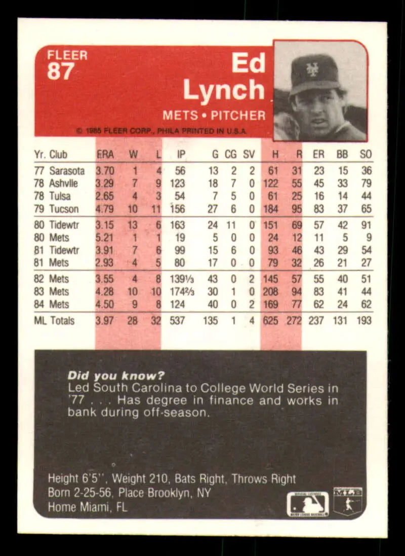 1985 Fleer #87 Ed Lynch EX Excellent New York Mets Baseball Card - Baseball Card Single