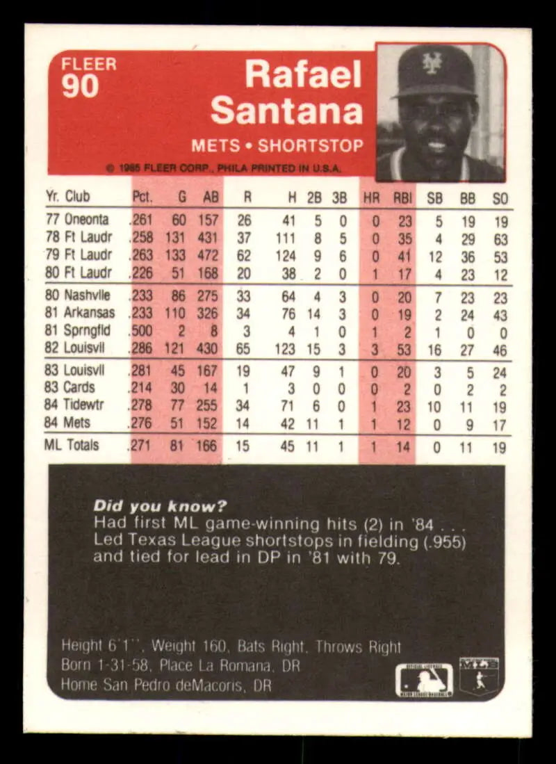 1985 Fleer #90 Rafael Santana EX Excellent New York Mets Baseball Card - Baseball Card Single